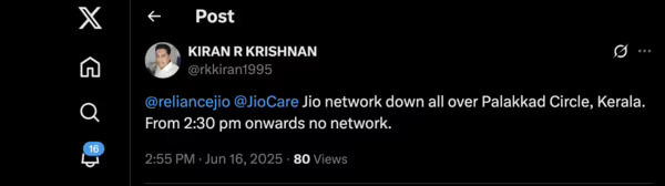 Reliance Jio Outage in Kerala Resolved: Mobile Internet and JioFiber Back Online Reliance Jio Outage in Kerala Resolved Mobile Internet and JioFiber Back Online Tweet2